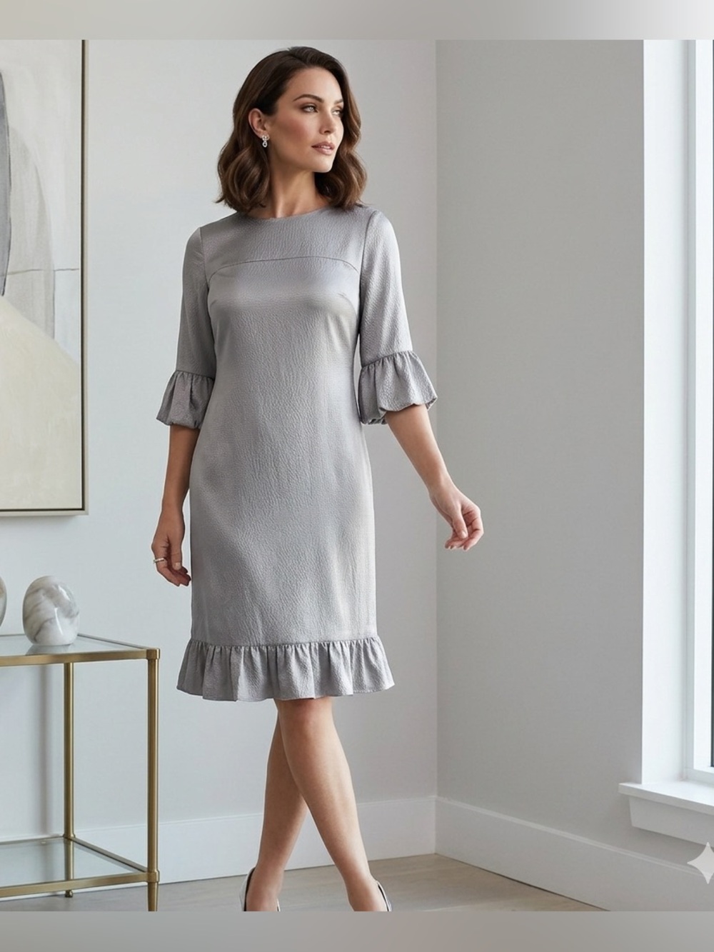 Tahari Silver Textured Cocktail Dress
